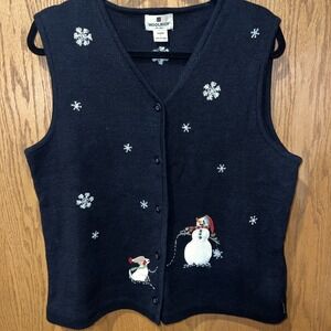 Woolrich Womens Vest Navy Blue Snowman Snowflakes V-Neck Button Front Knit L
